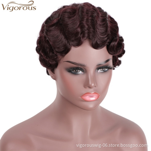 Vigorous Wholesale Price Cheap Short Pixie Cut Brown Wig for Black Women Wave Synthetic Wigs High Temperature